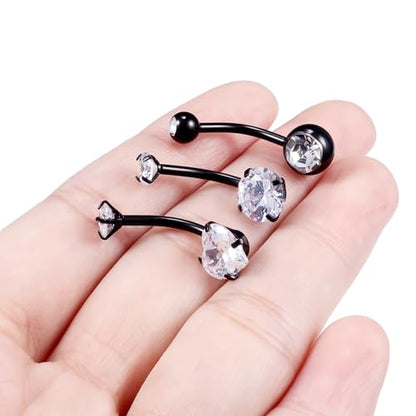 Belly Button Rings Surgical Steel Internally Threaded Belly Button Ring 10MM/12MM/14MM/16MM Navel Rings for Women Clear CZ 14G Long Bar Navel Piercing Jewelry - color: black, size: 12mm bar length