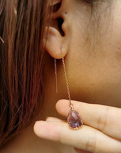 WANGGAO Stainless Steel Water Drop Long Chain Earrings for Women Linear Crystal Threader Earrings Jewelry - color: Purple