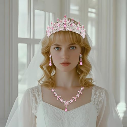 Crystal Crown and Tiara Jewelry Set for Women Bride with Necklace Earrings | Metal Rhinestone Royal Queen Princess Jewelry Set Wedding Quinceanera Pageant Prom Birthday Halloween Party Costume Gift - color: Silver Pink