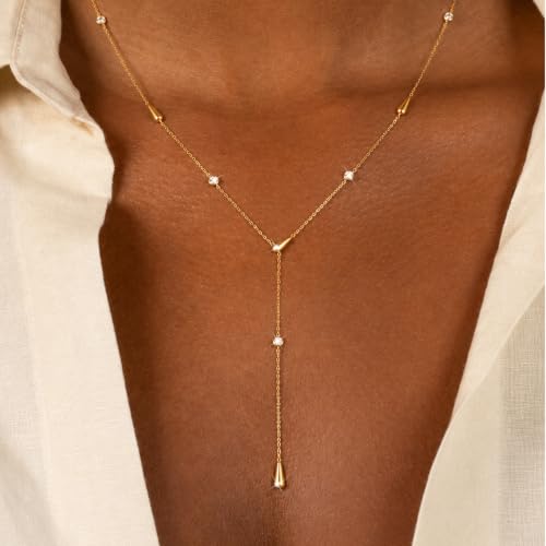 Mchic Gold Necklace for Women Dainty Long Lariat Necklace 18K Gold/Silver Plated Y-Shaped Pendant Necklaces Minimalist Layered Drop Necklaces Trendy Jewelry Gift - color: Gold3