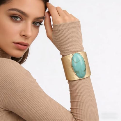 GelConnie Chunky Cuff Bangle Bracelet for Women, Statement Jewelry | Gold and Silver Tone Cuff Bangles with Resin, Crystal and Textured Accents for Party, Vacation and Dressy Looks - style: Bangle 06-Turqoise
