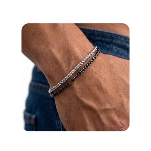 DAYANEY Mens Bracelet Silver and Gold Bracelet for Men Rakhi for Brother | Stainless Steel Cuban Chain Bracelet Set, Adjustable Bracelet for Men Jewelry Gifts for Boyfriend, Dad and Son - color: Silver Two-in-one Chain, size: 7.8+1.2inches