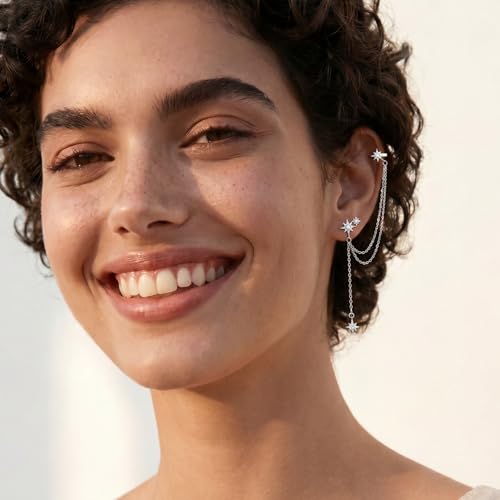 SLUYNZ 925 Sterling Silver Fashion Star Cuff Earring Chain for Women Star Crawler Earring Wrap Earrings - color: One Earring(Left)-A-Silver