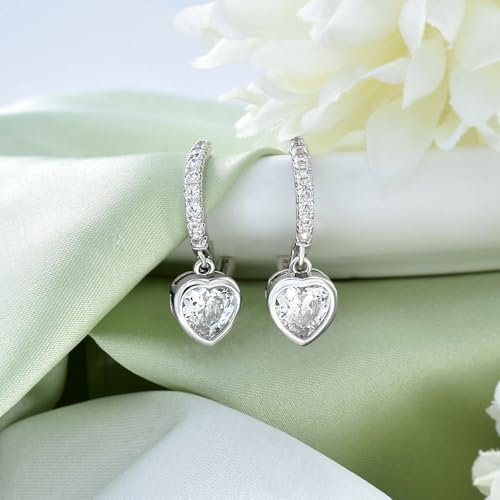 Heart Hoop Earrings with Dangle Sterling Silver Love Heart-Shaped Loop Earrings for Women Hypoallergenic Sparkle Birthstone Cubic Zirconia Hoop Earring with Dangling Charms Dainty Fashion Jewelry Gift - color: Silver