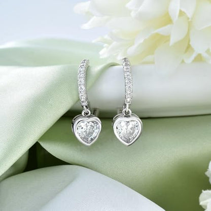 Heart Hoop Earrings with Dangle Sterling Silver Love Heart-Shaped Loop Earrings for Women Hypoallergenic Sparkle Birthstone Cubic Zirconia Hoop Earring with Dangling Charms Dainty Fashion Jewelry Gift - color: Silver