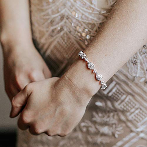 SWEETV Wedding Teardrop Bracelets for Brides Bridesmaids, Crystal Cubic Zirconia Bridal Bracelets for Women Prom - color: Silver