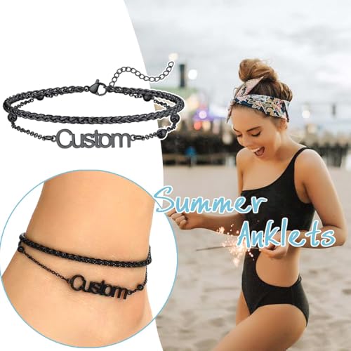 U7 Custom Layered Ankle Bracelets for Women Stainless Steel Bead/Cuban/Figaro/Rope/Wheat Chain Anklet Waterproof Anklet Jewelry for Beach Vacation - color: c-Black-Wheat Chain