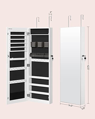 SONGMICS Jewelry Cabinet Armoire, Lockable Wall-Mounted Organizer Unit with 2 Plastic Cosmetic Storage Trays, Full-Length Frameless Mirror, White UJJC001W01 - color: White, style: 42.5-Inch Basic