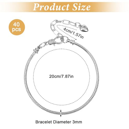 Molain 40 Pieces Silver Snake Charm Bracelet Chains, 7.87 Inch Adjustable Jewelry Making Charm Bracelet with Heart Extender Chains for DIY Women Gifts