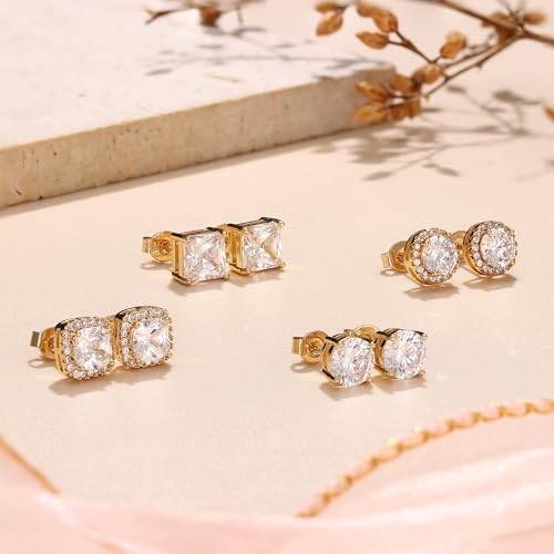 MILACOLATO S925 Sterling Silver Stud Earrings for Women Men Hypoallergenic 18K Gold Plated Cubic Zirconia Earrings Studs Brilliant Simulated Diamond Halo Earring for Sensitive Ears - style: 18K Gold Plated - Medium Size CZ