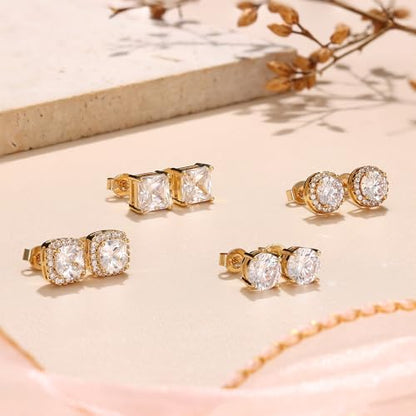 MILACOLATO S925 Sterling Silver Stud Earrings for Women Men Hypoallergenic 18K Gold Plated Cubic Zirconia Earrings Studs Brilliant Simulated Diamond Halo Earring for Sensitive Ears - style: 18K Gold Plated - Medium Size CZ