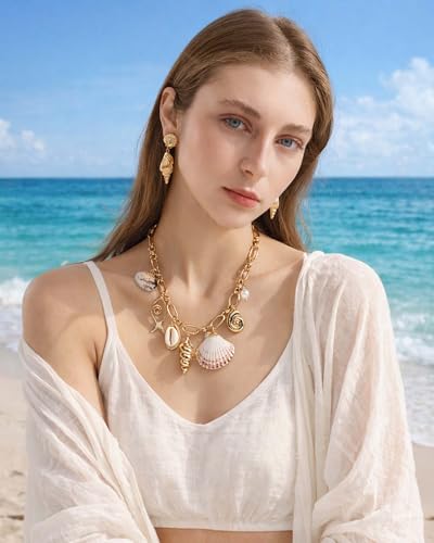 Shell Necklaces for Women Trend Boho Scarf Necklaces Ocean Mermaid Conch Seashell Necklace Summer Gold Fish Necklace Fashion Beach Jewelry - color: Gold sea shell necklace
