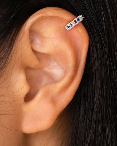 Ear Cuff for Women, 14K Gold/White Gold Plated Ear Cuffs Non Piercing Hypoallergenic Jewelry Gift - color: sapphire silver