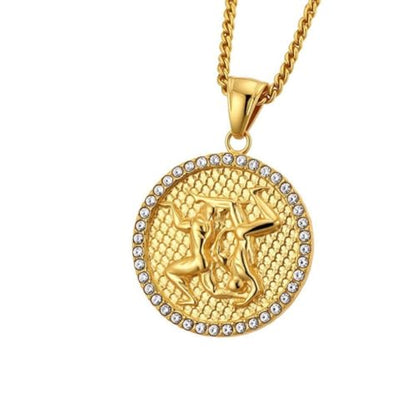 HIJONES Men's Women's Stainless Steel Zodiac Coin Embossed Necklace CZ Astrology Horoscope Pendant Necklace - color: Gold Gemini