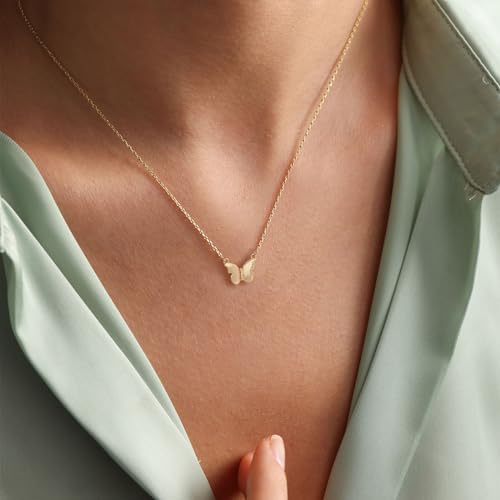 HANLI 14K Gold Plated Necklaces for Women - Dainty Butterfly, Star of David, Moon and Star, Sun, Lotus, Infinity, Hummingbird, Bee,Boots,Chill,Sunflower Pendant Designs - Elegant Jewelry for Women - color: Butterfly