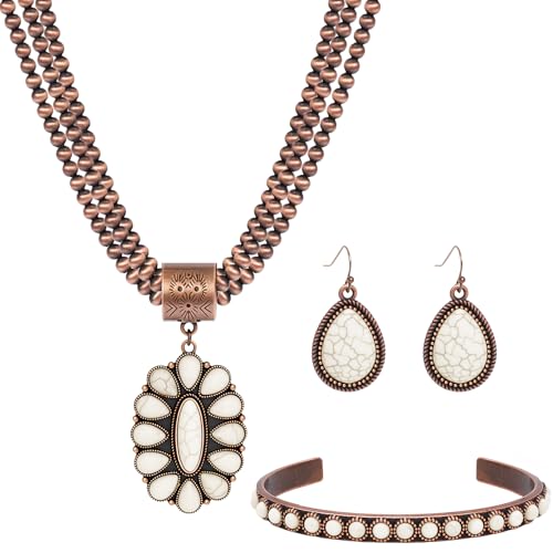 NEWITIN 4 Pieces Silver Bohemian Jewelry Set for Women Fashion Costume Jewels Turquoise Necklace Bracelet Earrings Western Turquoise Jewelry Set for Women - color: White Turquoise A