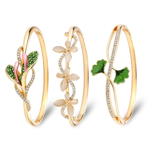 3 Pack Vintage Series Gold Bangle Bracelet Set for Women Stackable Jewelry | 18K Gold Plated Non Tarnish Waterproof Vintage jewelry Long Lasting Luster Fade Resistant Fits Most Wrists - color: Nature Theme
