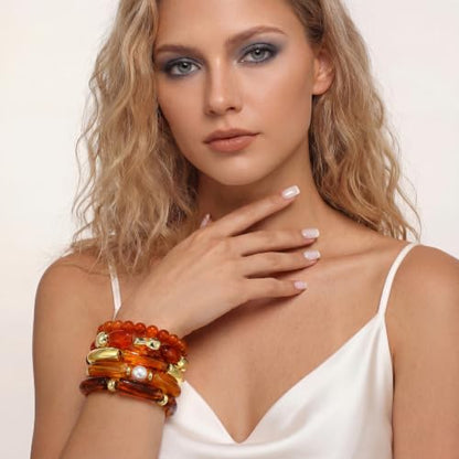 GOOJIDS Simple Beaded Gold Plated Bangles Bracelet Chunky Bamboo Tube Curved Stacking Clear Acrylic Colorful Beads Stretchable Gold Plated Bracelets Set For Women - color: S-Brown 5pc Set