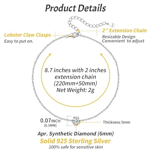 ChicSilver 925 Sterling Silver Anklets for Women, Simple Dainty Round/Heart Birthstone Ankle Bracelet Beach Foot Jewelry, 8.7-10.7 Inch Adjustable - color: 04. Round - April(Diamond)