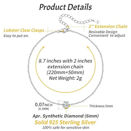 ChicSilver 925 Sterling Silver Anklets for Women, Simple Dainty Round/Heart Birthstone Ankle Bracelet Beach Foot Jewelry, 8.7-10.7 Inch Adjustable - color: 04. Round - April(Diamond)