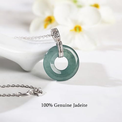 Real Green Jade Pendant Necklace for Women Donut/Heart/Clover/Teardrop/Rose/Lotus Flowers Genuine Jadeite Jewelry with Gold Plated 925 Sterling Silver Chain - style: Donut Silver Necklace