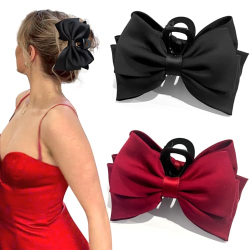 ISCRM Bow Hair Claw Clips for Women/Girls,Strong Hold Large Bow Claw Clip for Thick/Thin Hair Claws,Nonslip Silky Big Hair Bows Ribbons,Cute Hair Styling Accessories Gifts (black,red) - color: black,red