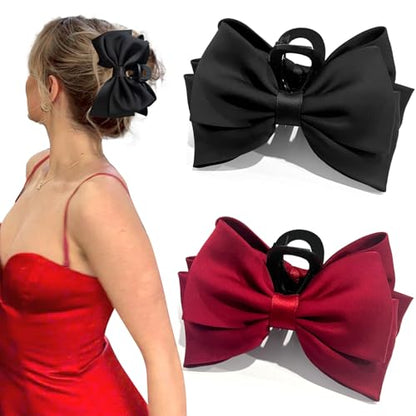 ISCRM Bow Hair Claw Clips for Women/Girls,Strong Hold Large Bow Claw Clip for Thick/Thin Hair Claws,Nonslip Silky Big Hair Bows Ribbons,Cute Hair Styling Accessories Gifts (black,red) - color: black,red