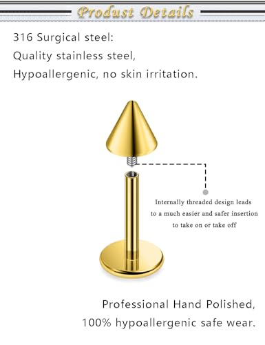 Internally Threaded Labret Studs 18G 16G 14G Surgical Steel Lip Piercing Jewelry with Claw Tool Monroe Snake Bite Jewelry Flat Back Barbell for Women Men Plus Piercing Ball Grabber Tool - color: goldtone, size: 18g,spike end