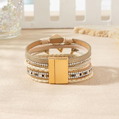 Rantanto Leather Wrap Bracelets For Women Gold Twist Lock Buckle Wrist Cuff | PU leather,Skin-friendly,Boho Stackable Wristband,Fashion Daily Jewelry,Trend Casual Party Bangle,Fit For Birthday, Holiday - color: Heart Beige