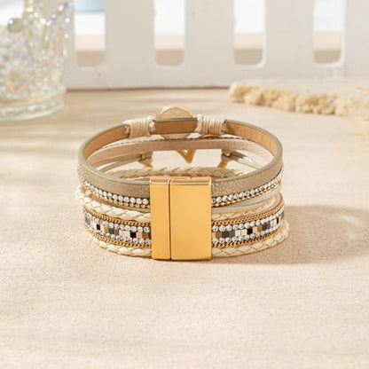 Rantanto Leather Wrap Bracelets For Women Gold Twist Lock Buckle Wrist Cuff | PU leather,Skin-friendly,Boho Stackable Wristband,Fashion Daily Jewelry,Trend Casual Party Bangle,Fit For Birthday, Holiday - color: Heart Beige