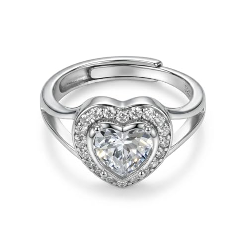 AOBOCO Heart Shaped Open Promise Ring for Women, White Cubic Zirconia Halo Adjustable Ring, Elegant Love Design, 925 Sterling Silver