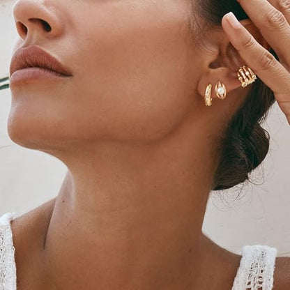 MYEARS Women Ear Cuff Earrings Gold Non Pierced Cartilage Clip on Open Wrap Beaded Hoop 14K Gold Plated Simple Hypoallergenic Everyday Jewelry