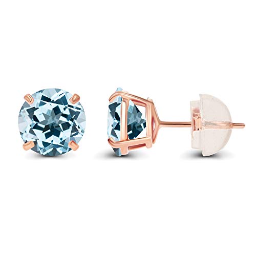 Solid 14K Yellow or White or Rose Gold 6mm Round Genuine Birthstone Gemstone Prong Set Stud Earrings For Women - color: Blue Topaz-Sky Blue Topaz