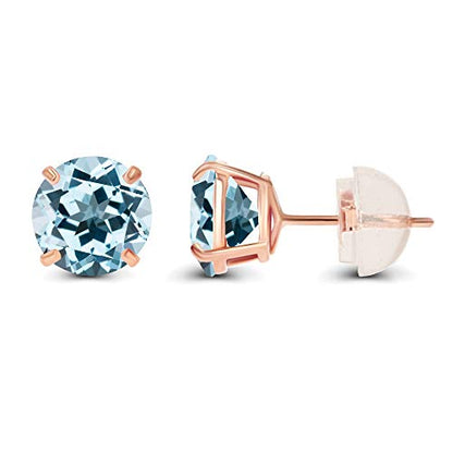 Solid 14K Yellow or White or Rose Gold 6mm Round Genuine Birthstone Gemstone Prong Set Stud Earrings For Women - color: Blue Topaz-Sky Blue Topaz