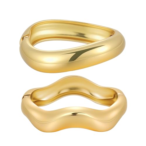 Emibele Gold Bangles for Women, 2PCS Irregular Chunky Gold Bracelet Hinged Open Bangle Bracelets for Women, Fashion Wide Arm Cuff Minimalist Chunky Jewelry Gifts for Valentine Christmas Birthday - style: F Gold