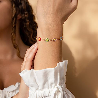 Gold Chain Bracelet for Women, 14K Gold Plated | Dainty Bracelets with Adjustable Chain, Trendy Jewelry Gift for Women - style: colorful daisies
