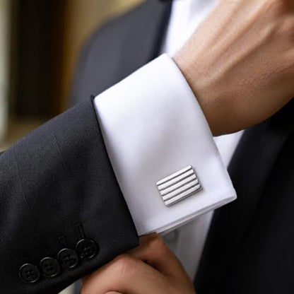 LUOZZY 2pair French Cufflinks for Men Luxury Silver Plated Rectangle Shirt Studs Classic Black Enamel Diagonal Stripes Business Tuxedo Suit Accessories Modern Grooved Line Set