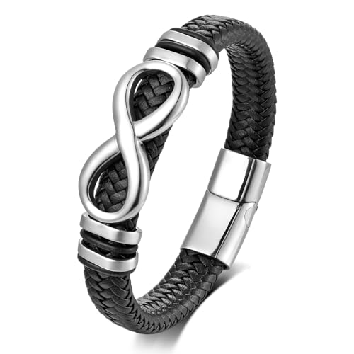 Men's Leather Infinity Bracelet Stainless Steel Number 8 Wristband Cuff Bangle Bracelets Gifts for Men, 8.3 & 9.1 inches - color: 01.Single-layers leather & silver infinity, size: 8.3inch(Fits most wrists.)