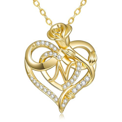 14k Gold Heart Initial Necklaces for Women, Dainty Letter Pendant Chain Necklace, Letter A to Z Initial Jewelry, Anniversary Birthday Gifts for Her Wife Mom Daughter - style: Letter N