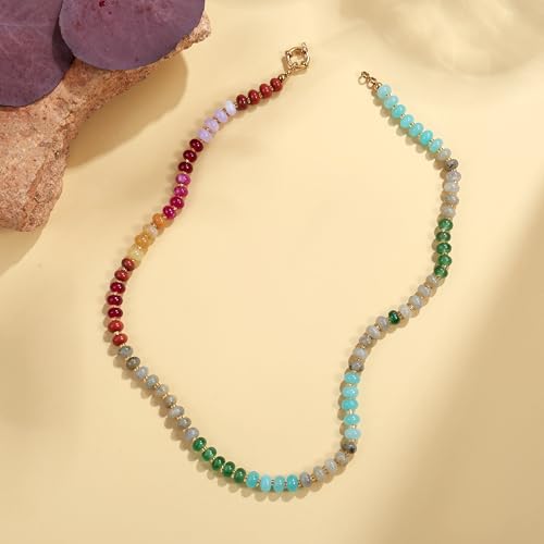 Gemstone Beaded Necklace for Women Colorful Natural Stone Freshwater Pearl Surfer Beach Rainbow Necklace Jewelry Gift - color: Colorful