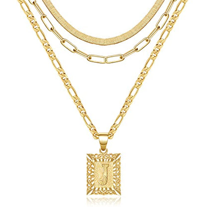 KissYan Gold Layered Initial Necklace Set for Women | 14K Gold/White Gold Plated Letter Pendant with Paperclip Snake Figaro Choker Chain, Alphabets from A-Z Jewelry Gifts - color: 3PCS, style: J
