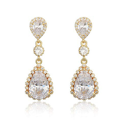 Teardrop Dangle Earrings for Wedding - Sparkly Sterling Silver Cubic Zirconia Crystal Rhinestone Drop Earrings Pierced Austrian Style Hypoallergenic Earrings Womens Bridal Jewelry - style: PJ 3 long teardrop wedding earrings gold