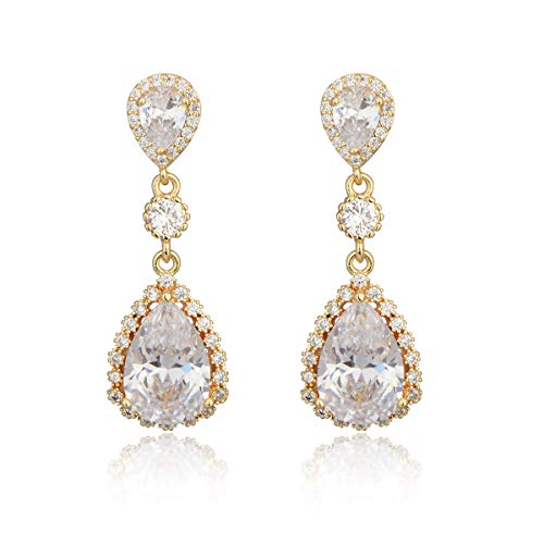 Teardrop Dangle Earrings for Wedding - Sparkly Sterling Silver Cubic Zirconia Crystal Rhinestone Drop Earrings Pierced Austrian Style Hypoallergenic Earrings Womens Bridal Jewelry - style: PJ 3 long teardrop wedding earrings gold