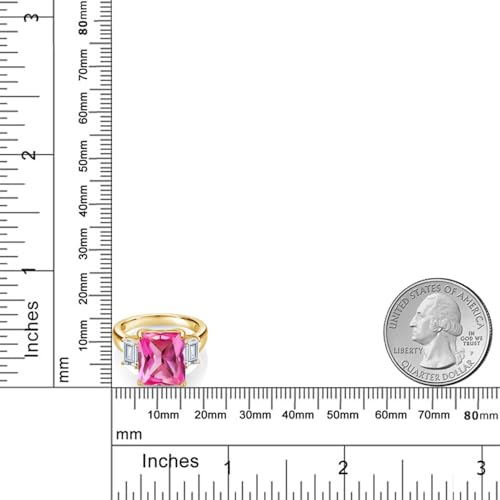 Gem Stone King 18K Yellow Gold Plated Silver Pink Created Sapphire and White Zirconia Engagement Ring For Women | 7.92 Cttw | Emerald Cut 12X10MM | Gemstone September Birthstone