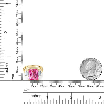 Gem Stone King 18K Yellow Gold Plated Silver Pink Created Sapphire and White Zirconia Engagement Ring For Women | 7.92 Cttw | Emerald Cut 12X10MM | Gemstone September Birthstone