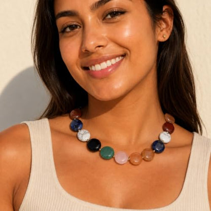 COAI Chunky Colorful Necklace for Women, Summer Beach Jewelry Crystal Flower Necklace for Women, Multi-Gemstones Sodalite Red Jasper Chunky Choker - style: Round Beads Necklace