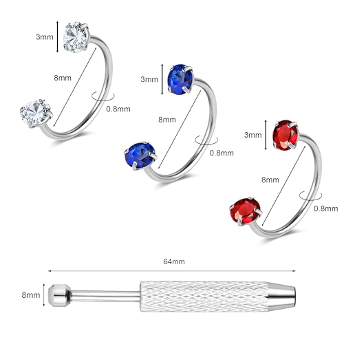 G23 Titanium 20G Horseshoe Nose Rings | Horse Shoe Nose Ring Hoops, Surgical Steel Half Cartilage Tragus Earring Hoop, Internally Threaded, Double Cubic Zirconia - style: 3PCS 8MM-Silver Ring