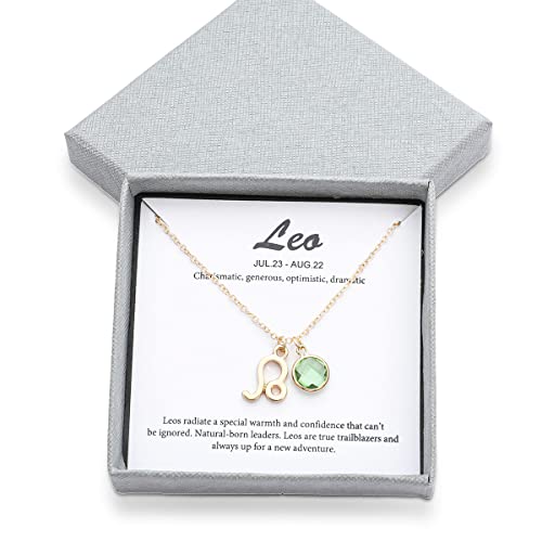 14k Gold Plated Zodiac Birthstone Crystal Pendant Necklace, Horoscope Sign Charm Necklace for Women Birthday Gift - color: Leo-Aug.