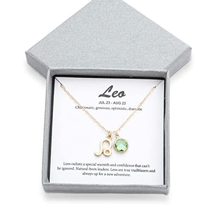 14k Gold Plated Zodiac Birthstone Crystal Pendant Necklace, Horoscope Sign Charm Necklace for Women Birthday Gift - color: Leo-Aug.