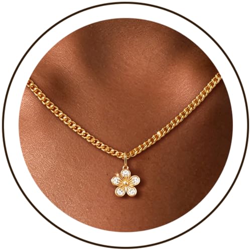 IMBOS 14K Gold Plated Chunky Chain Choker Necklaces for Women Chunky Gold Necklace Tennis Necklace for Women CZ Love Chain Cuban Link Choker Jewelry Gifts - color: Gold-Flower